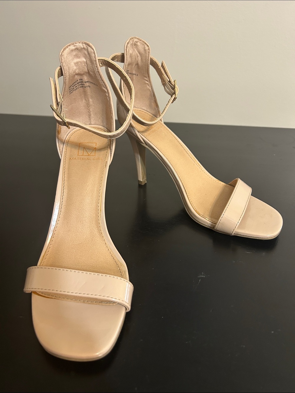 Material Girl Blaire Tan Nude Patent Ankle-Strap Stiletto Heels Sandals Size 8